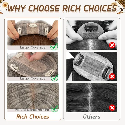 Vista 31 de Rich Choices Pelucas con topper de cabello para mujeres, cabello humano real 100% Remy, sin flequillo, para mujeres con adelgazamiento en la parte