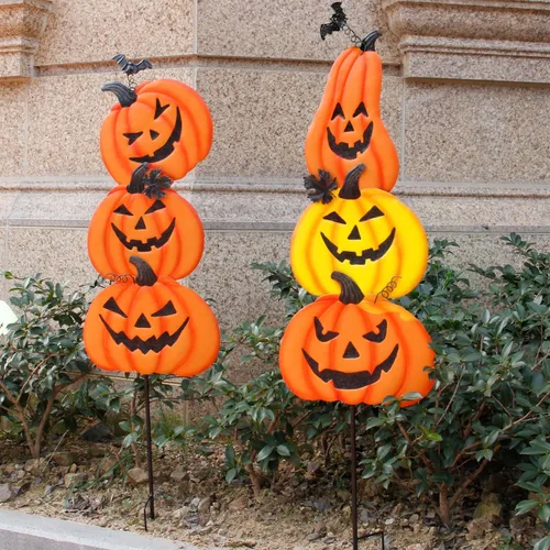 Vista 8 de Juegoal Paquete de 2 estacas de jardín de Halloween, calabazas de metal apiladas, decoración de césped Jack-o-Lantern, letreros de patio decorativos