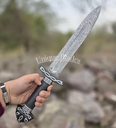 Vista 3 de Espada de daga vikinga, acero de Damasco de 16 pulgadas, espada corta de doble filo de espiga completa con mango de madera y vaina