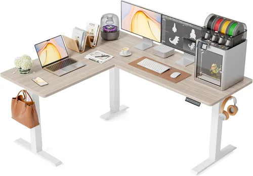 Vista 14 de FEZIBO - Escritorio de pie en forma de L de 63" x 55", altura ajustable, escritorio de computadora de esquina eléctrica de 63 pulgadas, escritorio