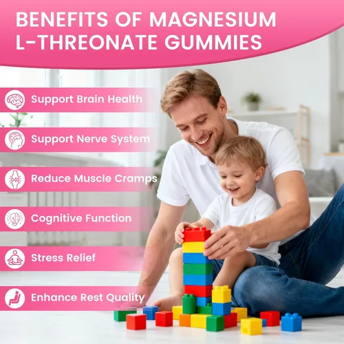 Vista 4 de Gomitas de magnesio L-treonato de 1000 mg para niños y adultos, suplemento de treonato de magnesio con vitamina D, B6 y coenzima Q10, apoyo