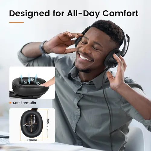 Vista 3 de EKSA Auriculares con micrófono para laptop, auriculares con cable para computadora con controles de volumen y silencio de micrófono, auriculares