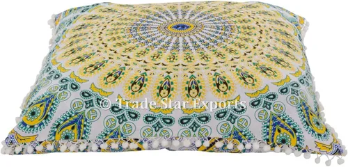 Vista 2 de Funda de cojín de piso de algodón. 26 pulgadas, con encaje de borlas decorativo y diseño de mandala.