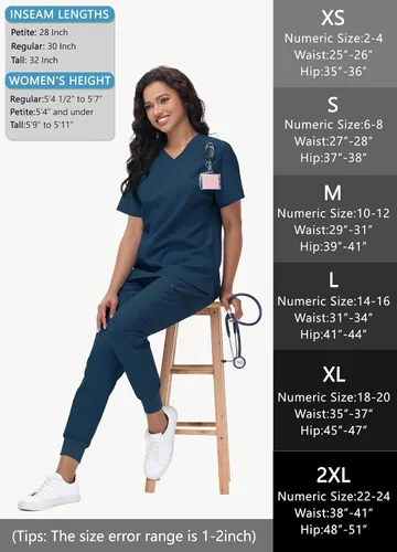 Vista 6 de Pantalones quirúrgicos de cintura alta para mujer, 8 bolsillos, ajustados, cintura cónica, puños acanalados en los tobillos