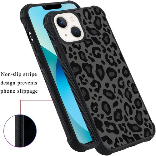 Vista 5 de KANGHAR - Funda compatible con iPhone 14, diseño de leopardo negro, textura de neumático antideslizante, a prueba de golpes, funda protectora