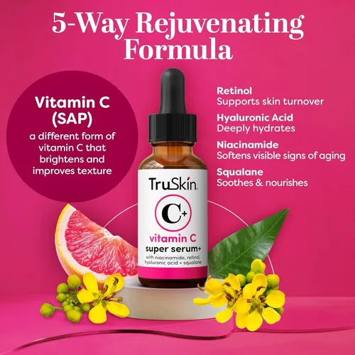 Vista 2 de TruSkin Vitamin C-Plus Super Serum - Suero facial antiarrugas antienvejecimiento con niacinamida, retinol, ácido hialurónico y ácido salicílico, 1