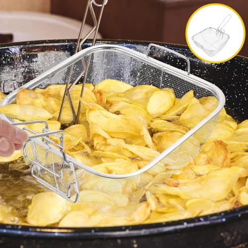 Vista 8 de Hemoton - Cesta cuadrada de acero inoxidable con asa de 15.27 x 9.44 x 4.33 pulgadas para papas fritas, drenaje de aceite, freidora de cocina, olla