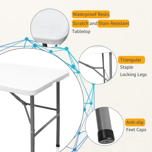Vista 4 de Mesa plegable de plástico resistente de 4 pies, mesa de campamento plegable portátil, mesa de picnic, mesa de juego con asa, para 48 pulgadas