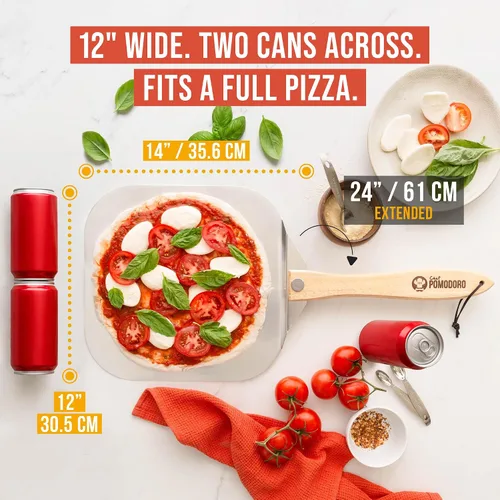 Vista 2 de Pomodoro pala para pizza de aluminio con asa de madera plegable para guardar fácilmente, de 12" x 14", para cocinar pan y pizzas en el hogar