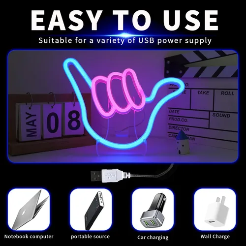 Vista 7 de ENUOLI Shaka Hand - Letreros de neón LED para decoración de pared, lámparas nocturnas alimentadas por USB y baterías, letreros iluminados para Rosa