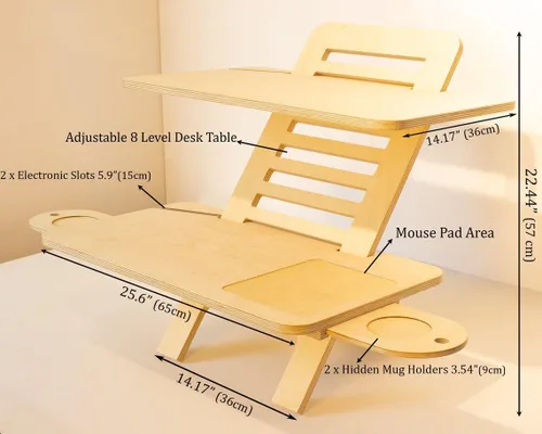 Vista 2 de Soporte ajustable para computadora portátil de madera, convertidor de escritorio de pie, soporte de escritorio de estación de trabajo, mesa