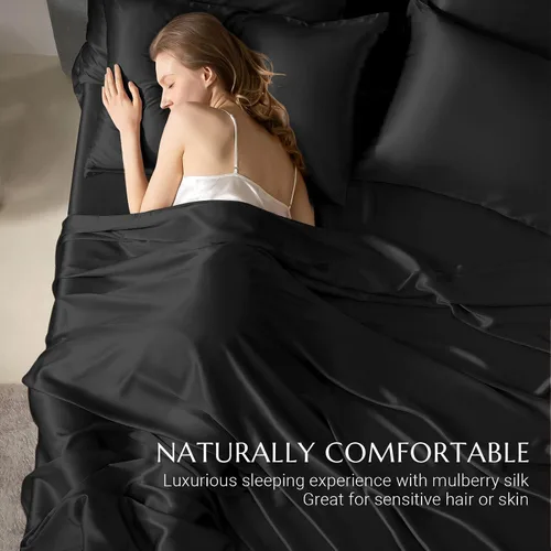 Vista 5 de THXSILK funda de almohada de seda de morera para cabello y piel, con cremallera oculta, seda de morera natural de 19 momme en ambos lados Negro