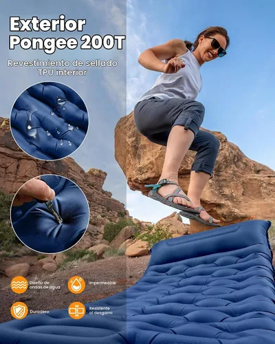 Vista 6 de Colchoneta de dormir para campamento, de 5.9 pulgadas de grosor, con almohada integrada y bomba de pie, almohadilla de dormir autoinflable Azul