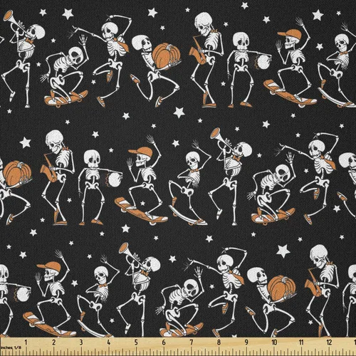 Vista 130 de Ambesonne The Yard, tela de calavera colorida con temática de Halloween, diseño de calavera y huesos cruzados, divertido estampado de dibujos