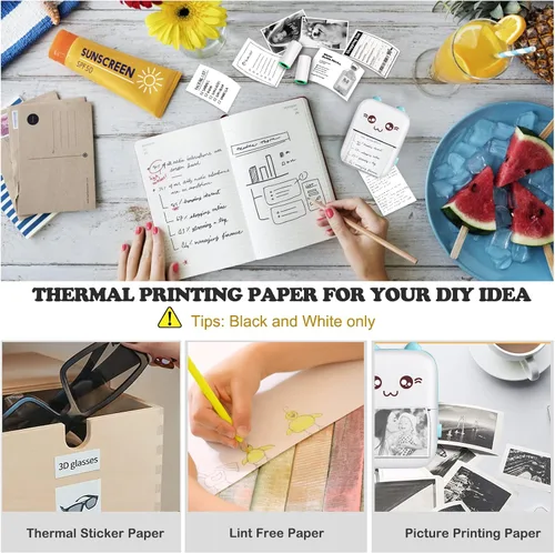 Vista 4 de Impresora de calcomanías, impresora térmica Bluetooth sin tinta con 10 rollos de papel, fabricante de calcomanías, cápsula de impresión, impresoras