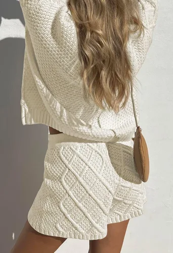 Vista 5 de Viottiset Conjunto de 2 piezas para mujer, suéter de descanso, cuello con cremallera, manga larga, pantalones cortos de punto