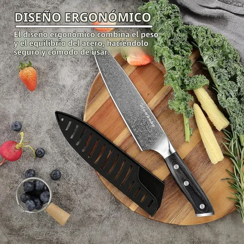 Vista 7 de Cuchillo de chef de 8 pulgadas, cuchillo de cocina de acero inoxidable de alto carbono con afilador y protector de dedos, cuchillo de cocina