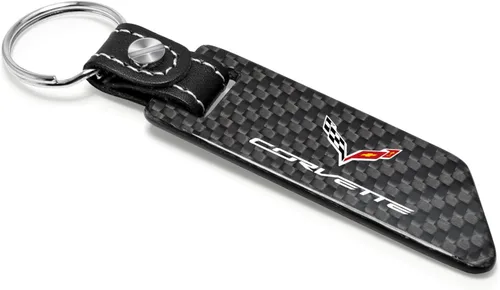 Vista 2 de iPick Image Para Chevrolet Corvette C7 Negro Real Fibra de Carbono Estilo Hoja con Correa de Cuero Negro Llavero Llavero, Licencia Oficial, Negro