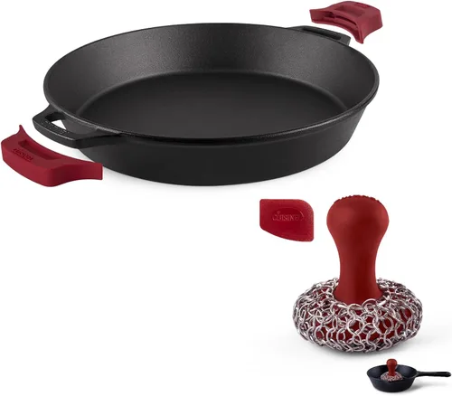 Vista 15 de Sartén de Hierro Fundido - Sartén de Freír de 12 Pulgadas con Doble Mango + Fundas Protectoras de Mango de Silicona + Raspador de Sartén