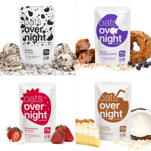Vista 8 de Oats Overnight Paquete de variedad para fiesta - Batido proteico de desayuno alto en proteínas y fibra - Harina de avena sin gluten, avena sin OGM