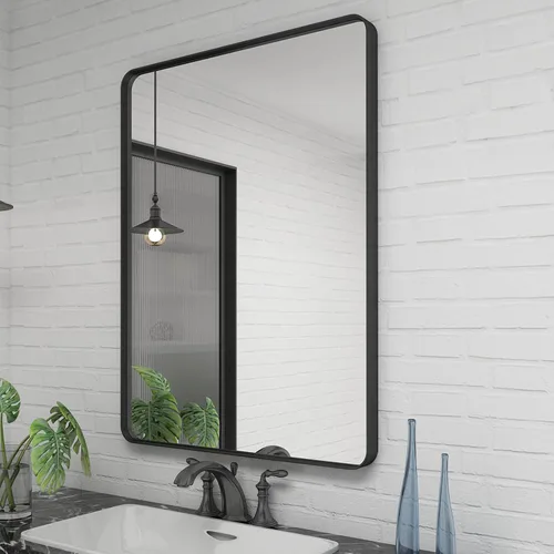 Vista 8 de Paquete de 2 espejos de baño con marco de metal negro de 22 x 30 pulgadas, espejo rectangular redondeado negro mate, antioxidante, se cuelga