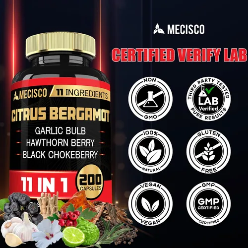Vista 6 de Mecisco Suplemento de bergamota cítrica 11 en 1 de 1000 mg con hoja de olivo, baya de espino, guggul, ajo y más, apoya la inmunidad, el sistema