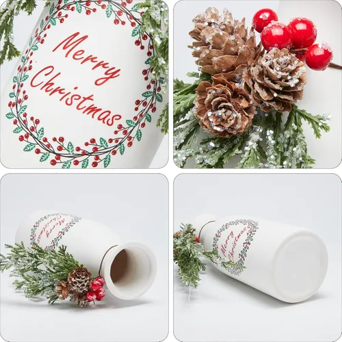 Vista 2 de Juego de 3 piezas artificial de Navidad, cubierto con decoraciones de Navidad mixtas, botellas de cerámica blancas