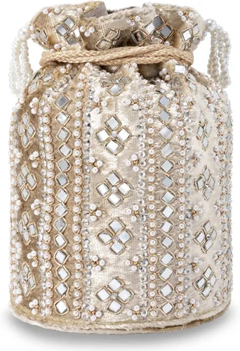 Vista 6 de Aheli Indian Potli - Bolso de noche para mujer, bolso de mano étnico para novia con cordón