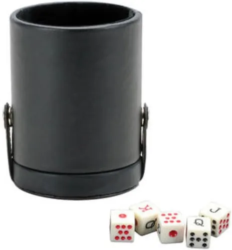Vista 2 de CHH - Vaso de dados de cuero sintético con 5 dados de póquer español, forro de fieltro, 4.25 pulgadas