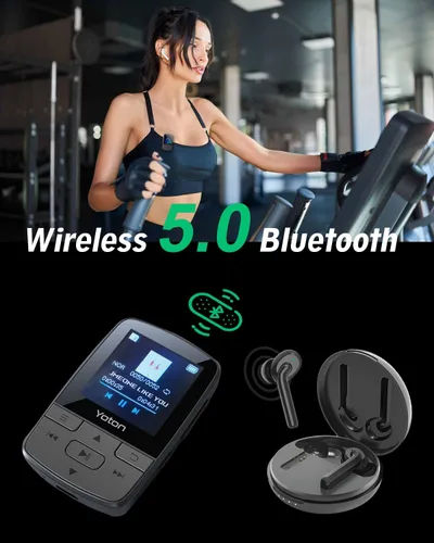 Vista 6 de Yoton Reproductor de MP3 con Bluetooth 5.2, 64GB, música HiFi, con clip deportivo y botón de volumen independiente, radio FM, auriculares incluidos