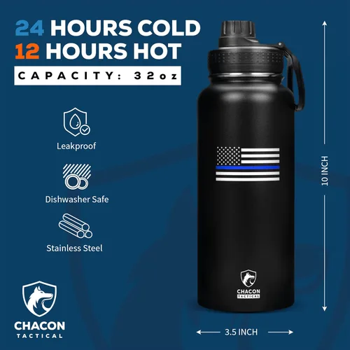Vista 2 de Botella de agua aislada, negro, acero inoxidable, 32 onzas, diseño de bandera estadounidense de línea azul fina, boca ancha