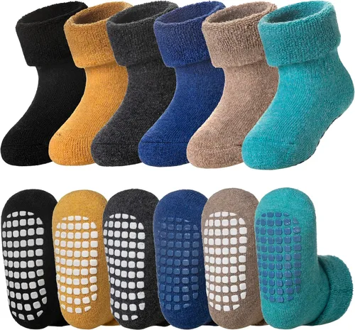 Vista 7 de DoSmart Calcetines antideslizantes para bebés, niños y niñas, cálidos, de lana gruesa, calcetines de invierno con pinzas, 6 pares