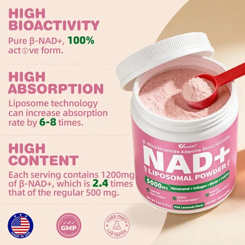 Vista 4 de Suplementos NAD para mujeres 5000 mg, polvo liposomal NAD+ con resveratrol, péptidos de colágeno, biotina, CoQ10 y TMG para un envejecimiento