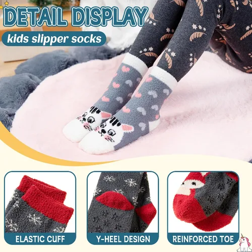 Vista 4 de Calcetines peludos para niños, antideslizantes, suaves y esponjosos, calcetines cálidos de felpa acogedora para niños y niñas, 6 pares