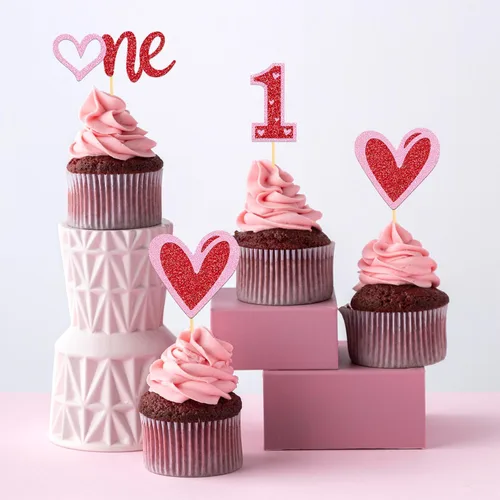 Vista 3 de 24 adornos para cupcakes para el día de San Valentín, 1er cumpleaños, temática de dulce amor, decoración de pastel para el día de San Valentín, 1er