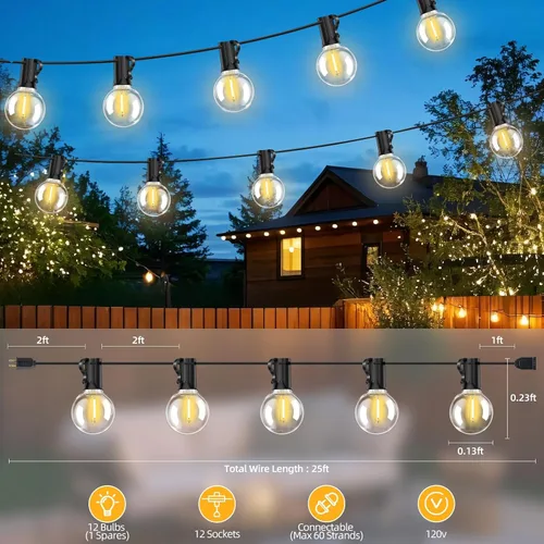 Vista 2 de Luces de cadena LED G40 para exteriores de 25 pies con 12+1 bombillas, enchufe E12, blanco cálido de 2700K, grado comercial, resistente a