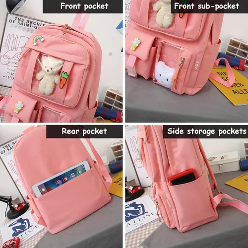 Vista 4 de Juego de 5 mochilas kawaii para niñas con bonitos accesorios de oso, suministros escolares, bolsas para bolígrafos, bolsa de hombro, azul (03-Blue)