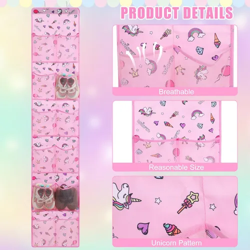 Vista 3 de Windyun Organizador de zapatos para niños sobre la puerta, 24 bolsillos, organizador de botellas de agua de unicornio para bebé, estante colgante