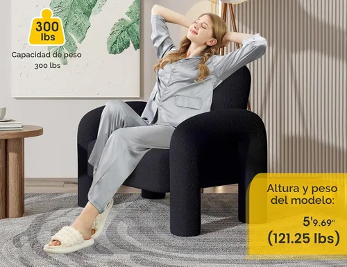 Vista 3 de Dewhut Silla moderna con acento Sherpa, sofá individual tapizado de estilo teddy, silla de lectura acogedora y esponjosa para sala de estar Negro