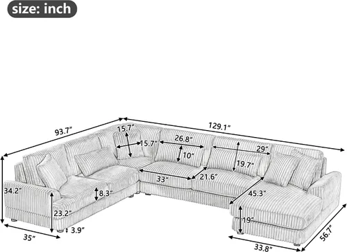 Vista 2 de Sofá modular de gran tamaño, moderno en forma de U, tapizado en pana suave con una tumbona para sala de estar