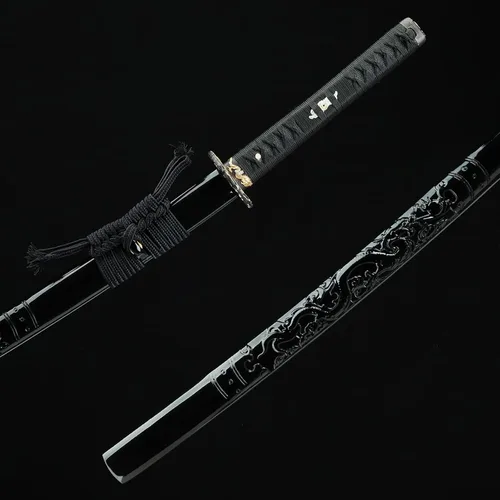 Vista 4 de Espada Katana negra de 41 pulgadas, acero de alto carbono, parte superior afilada, hecha a mano, espada samurái japonesa espiga completa