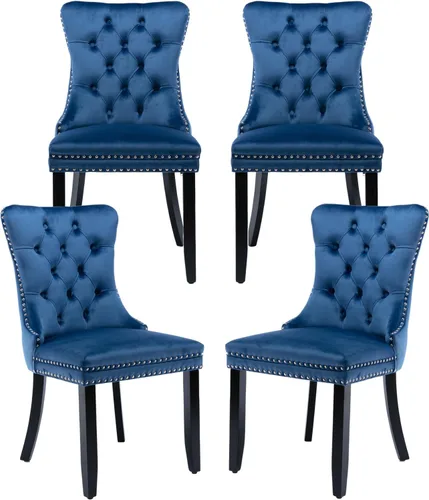 Vista 54 de Juego de 2 sillas de comedor de terciopelo, silla de comedor tapizada de alta gama con tirador de anillo en la espalda, adorno de clavos y patas