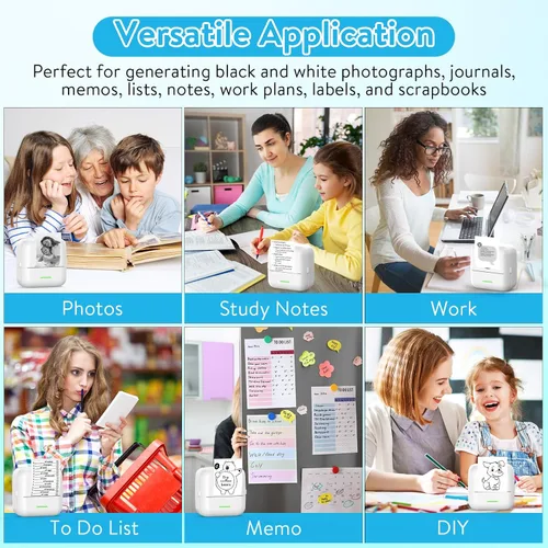 Vista 3 de HuiJuKeJi Mini Impresora de Adhesivos Bluetooth Inteligente de Bolsillo, Impresora Térmica Sin Tinta con 11 Rollos de Papel Térmico y Adhesivos