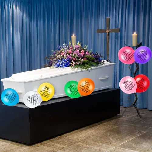 Vista 5 de Sumind 36 globos coloridos para funeral del Día de los Caídos para celebración de cumpleaños celestial, globos conmemorativos con 2 rollos de cintas