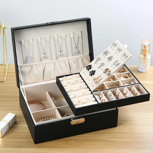 Vista 4 de NuAngela Organizador grande para mujeres y niñas estuche de almacenamiento de joyas de 2 capas soporte de joyería de piel sintética con bandeja