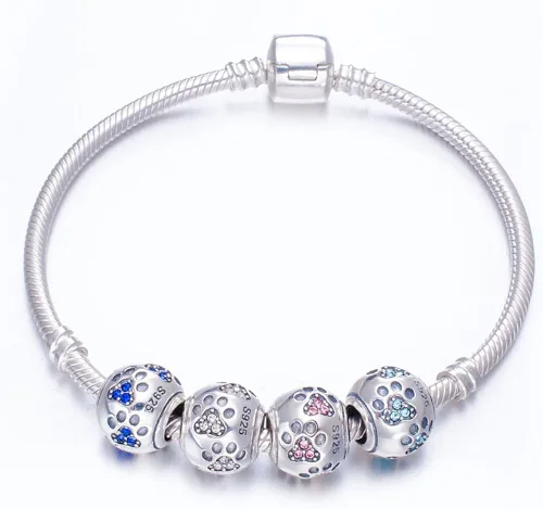 Vista 3 de ENJOOOY Cuentas de plata de ley con estampado de pata de perro con cristales de circonita cúbica para pulseras de cuentas estilo Pandora
