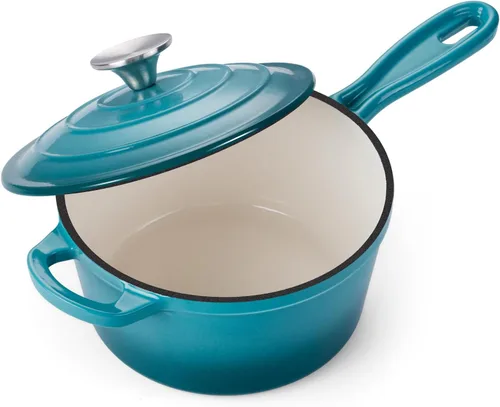 Vista 23 de Onader Sartén de hierro fundido esmaltado, cacerola pequeña de 1 cuarto de galón con tapa, olla de hierro fundido, horno holandés esmaltado, Blanco