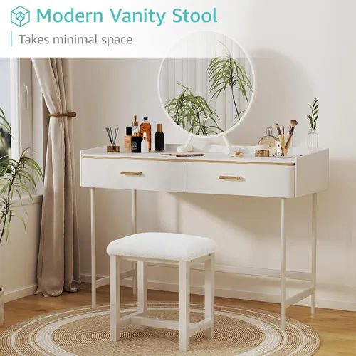 Vista 3 de Taburete Pequeño de Tocador, Lindos Taburetes de Tocador con Suave Cojín de Pelo Sintético de Conejo, Silla de Maquillaje Blanca para Espacios
