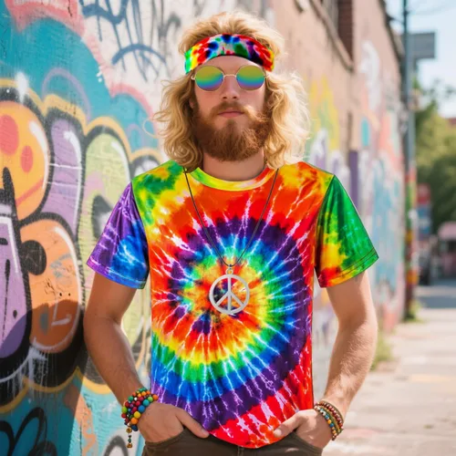 Vista 3 de Disfraz hippie para hombre Momen 60s 70s playera colorida 5 piezas accesorios para fiesta temática
