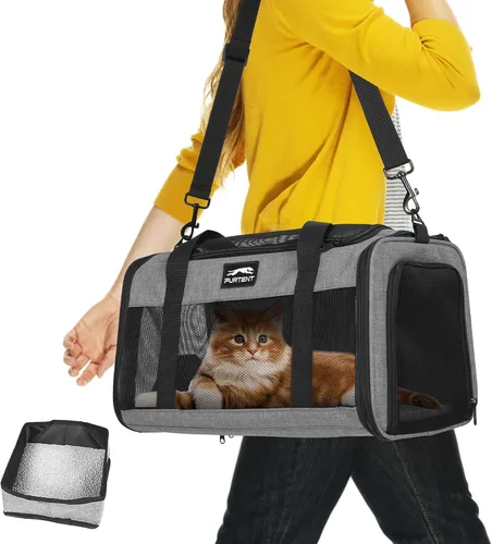 Vista 8 de Transportador de mascotas aprobado por la TSA para gatos pequeños y cachorros, de lados suaves y plegable, transportador de gatos y perros para Negro